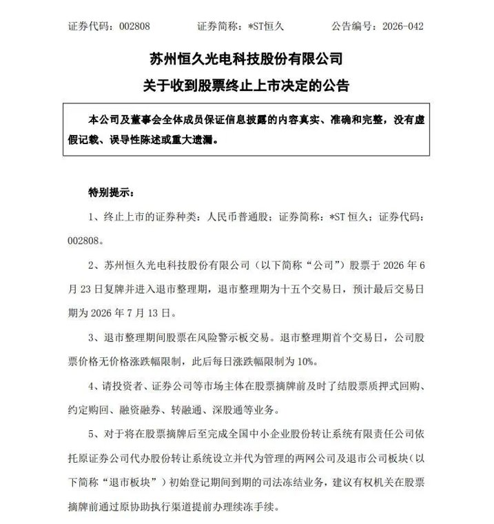 *ST恒久，退市倒计时！